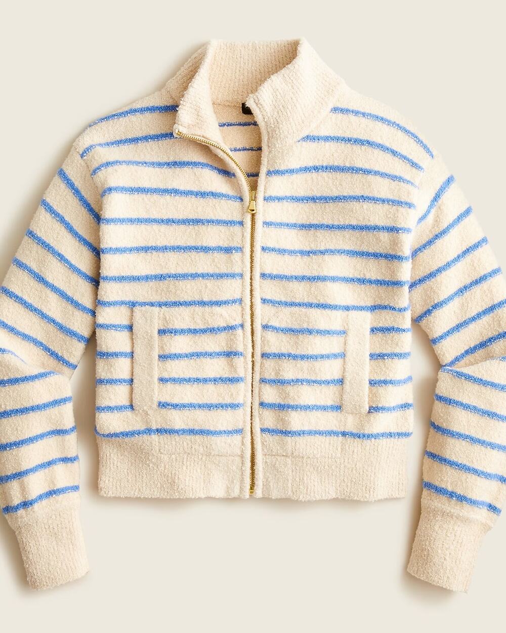 J. Crew Striped Long Sleeve Zip-Up Cotton-Blend Bouclé Sweater Cream Blue 2X